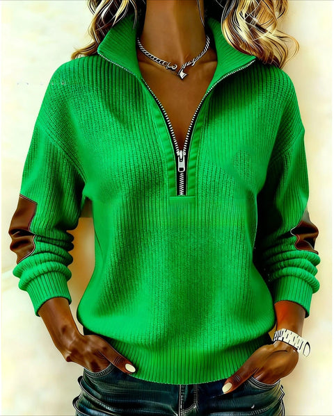 Long-sleeved semi-cardigan zipper sweater casual retro color matching long-sleeved stand-up collar top FF303410