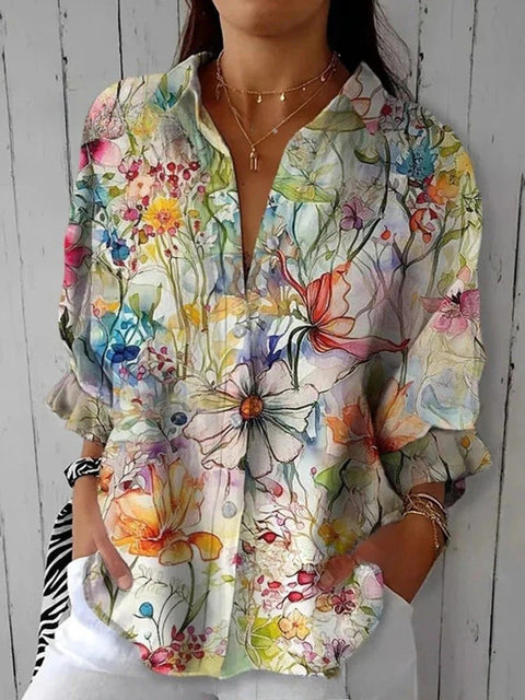 3D digital printing abstract pattern women's long-sleeved buckle linen shirt m302749-03