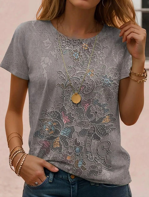 Retro Fashion Classic Printed Short Sleeve Crew Neck Regular Women's T-Shirt m302604