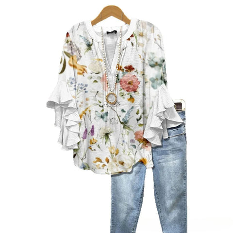 T-shirt ample à col en V et imprimé lotus pour femme (M301353) 