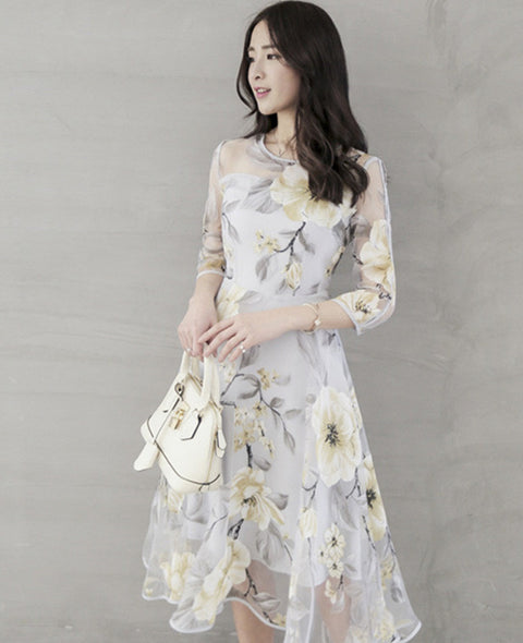 Eugen yarn seven-quarter sleeve crew neck fashion medium and long women's big swing skirt FF303506