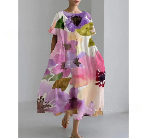 Robe ample à col ras du cou et manches courtes pour femme, haut de gamme, imprimée, m301052