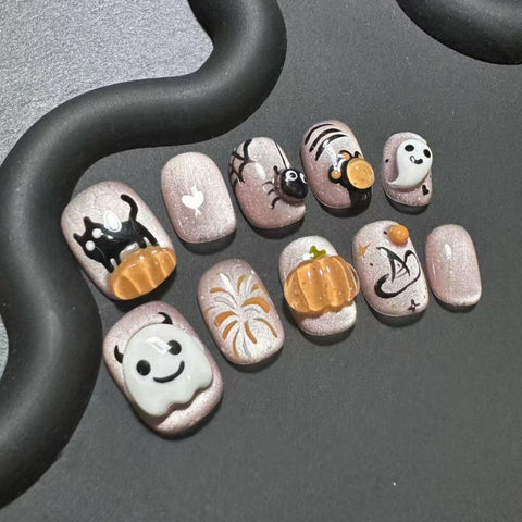 Porter un patch de manucure citrouille mignon en trois dimensions de dessin animé fait à la main, peint à la main, ongles amusants pour étudiants m3331218
