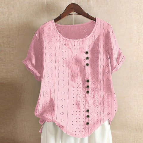 Haut d'été ample à manches courtes et col rond pour femme, couleur unie, avec boutons, style Palace Lock, m300046