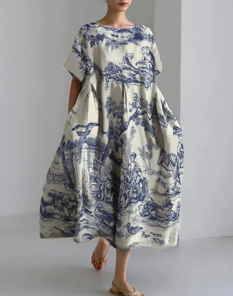 Robe ample à col ras du cou et manches courtes pour femme, haut de gamme, imprimée, m301052