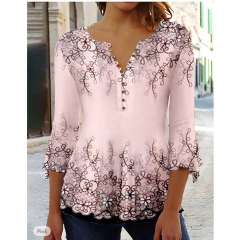 T-shirt à imprimé floral Ruili Fashion, col en V, manches trois-quarts m300035