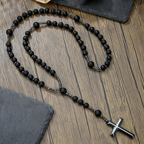 Collier hip hop en pierre naturelle noire, œil de tigre jaune, croix en pierre de fer, m3331291 