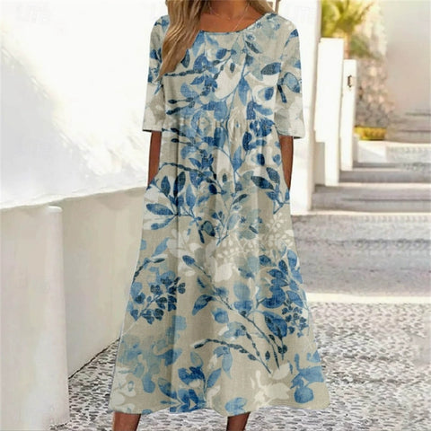 Robe longue décontractée à col ras du cou et manches courtes pour femme, imprimé 3D, taille plissée, style trapèze, m301299 