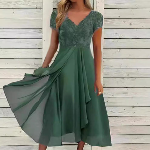 Robe en mousseline de soie, col en V, dentelle ajourée m301252 