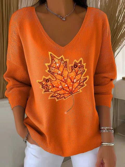 Shoulder V-neck long-sleeved autumn leaf 3D digital printing women's top FF303401 01
