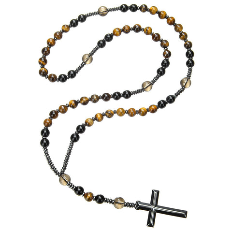 Collier hip hop en pierre naturelle noire, œil de tigre jaune, croix en pierre de fer, m3331291 