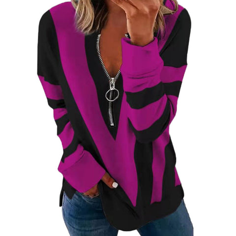 Pull à manches longues et col en V pour femme, imprimé floral, fermeture éclair, M300196 