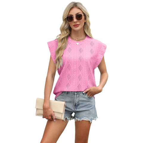 Spring and summer new round neck loose short-sleeved T-shirt jacquard top vest women's m302687
