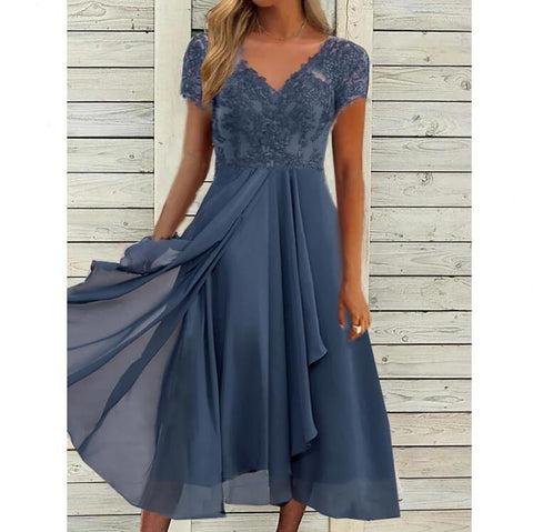 Robe en mousseline de soie, col en V, dentelle ajourée m301252 