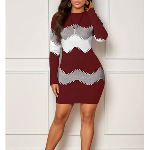 Robe fourreau mi-longue en maille imprimée, col rond, manches longues, M300204 