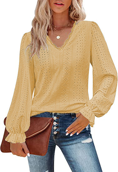 V-Ausschnitt Hohl Casual Plissee Ärmel Top Shirt Herbst m300647