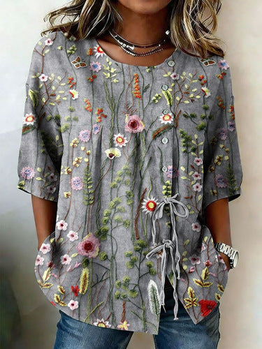 Color matching loose blouse five-button drawstring shirt m302758