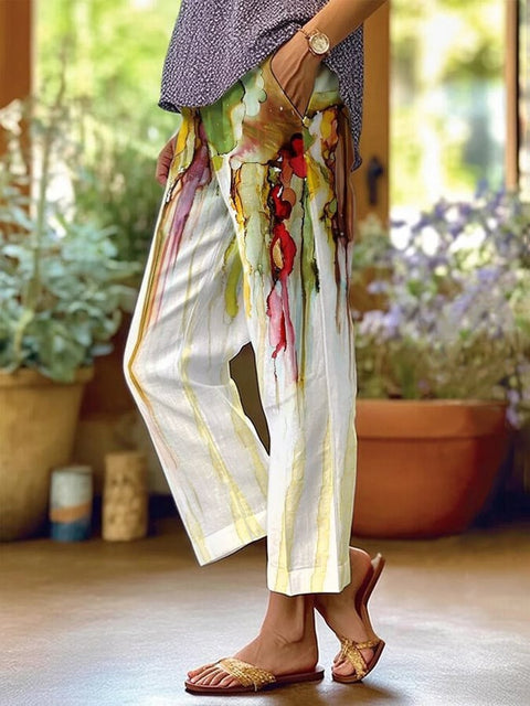 Linglong hemp digital printing simple crimped casual pants m303184