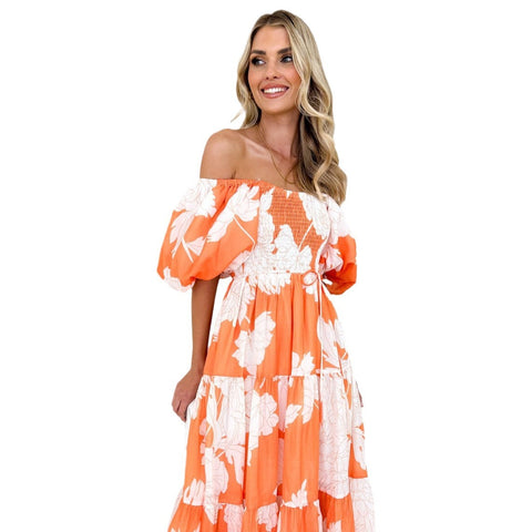 Robe élégante à imprimé floral, épaules dénudées, manches bouffantes, M300289 