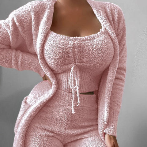 Plüschiges dreiteiliges Pyjama-Set mit Schnürung, lässiges Loungewear-Set, m301066 