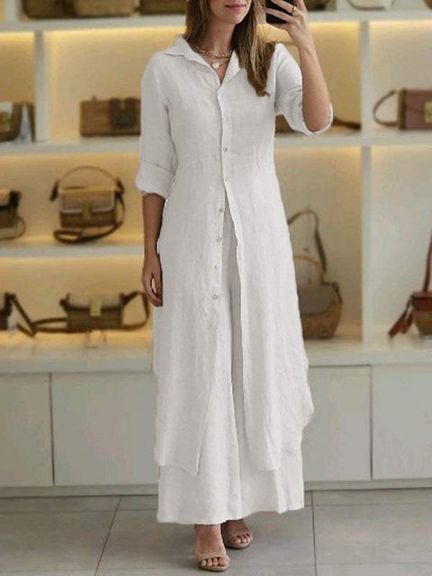 Ensemble élégant en coton et lin, coupe ajustée, chemise à manches longues et pantalon large m301063 
