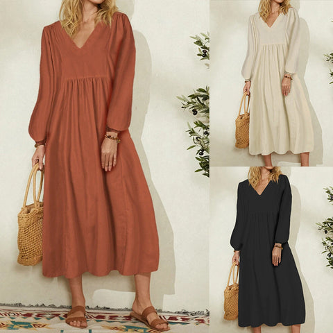 Robe ample en coton et lin à manches lanternes pour femme m301242 