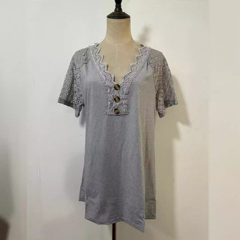 Pull confortable et décontracté à manches courtes et col en V avec coutures en dentelle M300159 