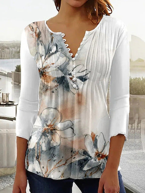T-shirt imprimé à col en V et manches courtes, boutonné et plissé, m300032 