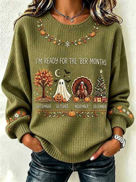Halloween Waffle Print Crew Neck Long Sleeve Casual Pullover Sweater FF303495