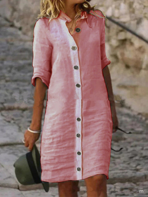 Robe en coton et lin à col chemise et manches mi-longues, grande boucle ronde M300218