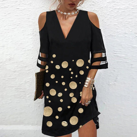 Robe à manches mi-longues et col en V avec coutures en maille fleurie M300180 