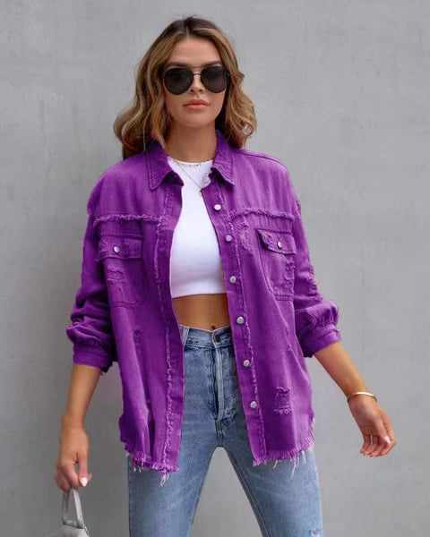 Veste en jean déchirée à ourlet brut, haut décontracté à manches longues et col polo M300220 
