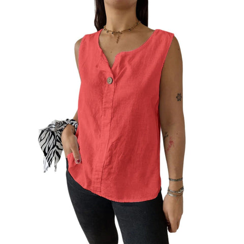 Chemise ample à col en V pour femme, haut boutonné en coton et lin, m301206 