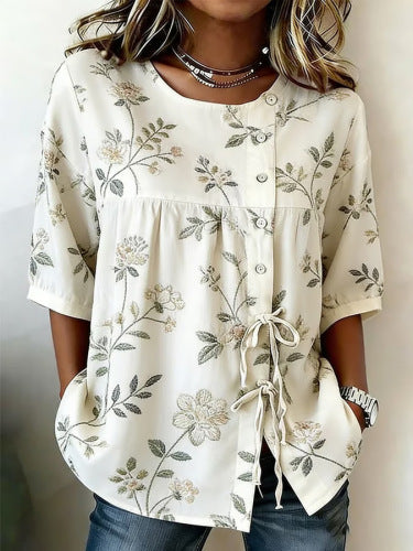 Color matching loose blouse five-button drawstring shirt m302758