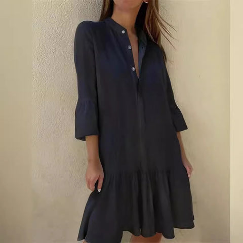 Robe chemise boutonnée à col montant et manches 9/4 en coton avec ourlet plissé m300679 