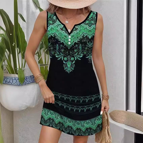 Bedrucktes, ärmelloses Kleid mit V-Ausschnitt und Hosenträgern, modisch und lässig, m300105 