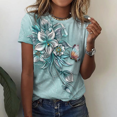 Damen T-Shirt rosa blau grün Blumendruck Kurzarm m300912 