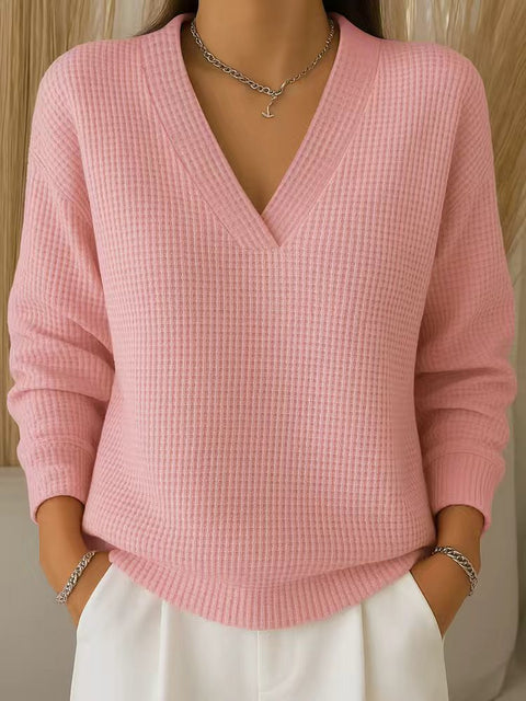 Women's Casual Loose Fashion Solid Color Waffle Long Sleeve Pullover M302343