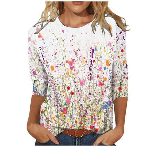 T-shirt ample à col rond et manches 3/4 pour femme, imprimé M300227 