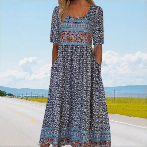 Up and down splicing pocket size printing big wide dress m301712