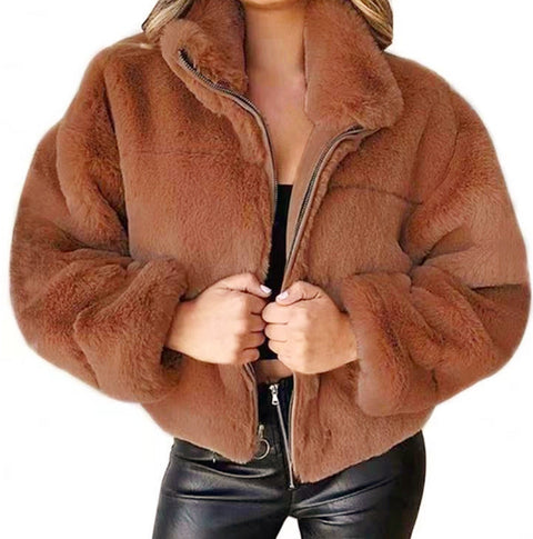 Cardigan zippé en fausse fourrure de lapin pour femme, veste chaude en peluche, automne et hiver, m300353