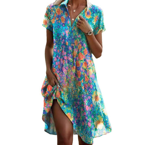 Robe longue à col ras du cou et manches courtes, imprimé bohème m300908 