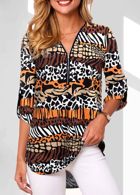 Chemise ample à manches longues et col en V pour femme, grande taille, fermeture éclair, manches retroussables, M300207 