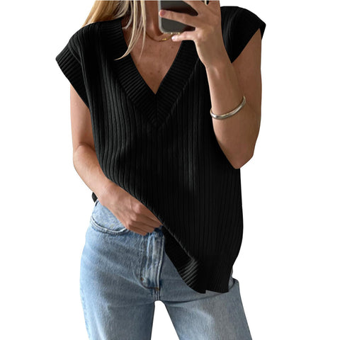 Pull-over ample sans manches à col en V, style décontracté, m300955 