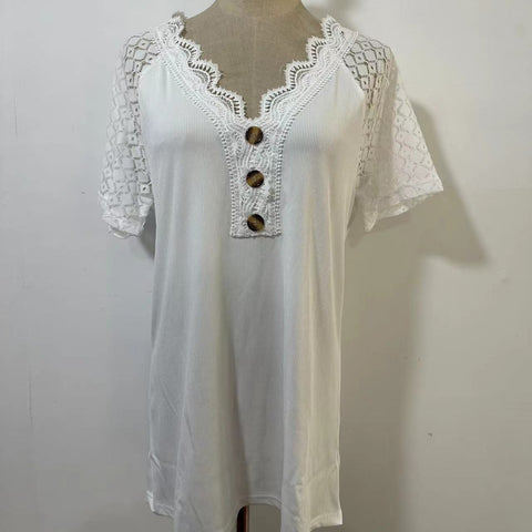 Pull confortable et décontracté à manches courtes et col en V avec coutures en dentelle M300159 