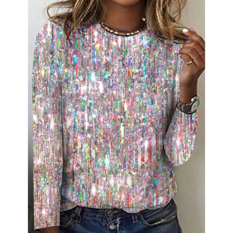 Automne et hiver nouvelle impression flash fine grande taille col rond manches longues m300590 