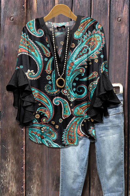 Kreativer Digitaldruck mit Blumenelementdruck, lässiger Trend, V-Ausschnitt, Lotuskante, T-Shirt m301352 
