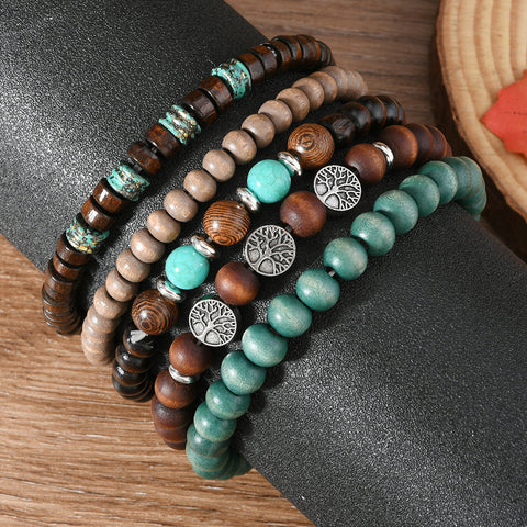Bracelet rétro en alliage de zinc avec perles en bois tissées à la main, motif arbre de vie, multicouche, cinq pièces, m3331272 
