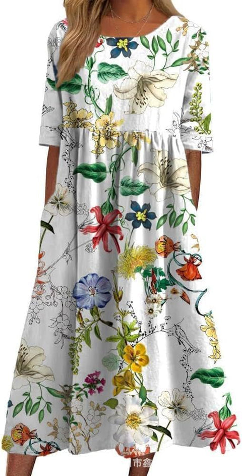 Robe longue décontractée à col ras du cou et manches courtes pour femme, imprimé 3D, taille plissée, style trapèze, m301299 