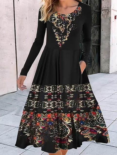 Robe ample à col ras du cou et manches longues, imprimé géométrique, style pendule, m300700 
